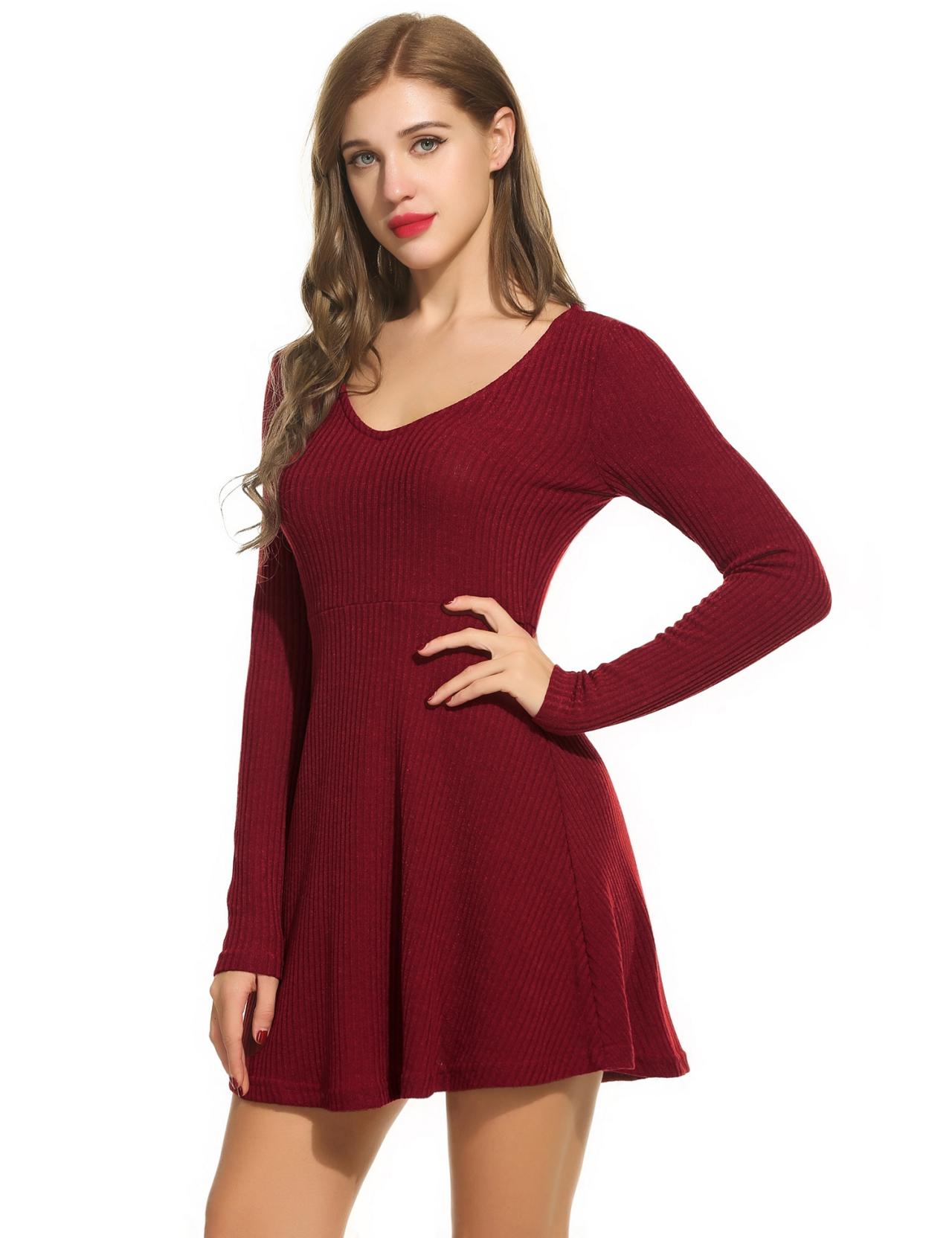 Women VNeck Long Sleeve Mini Knit Sweater Dress on Luulla